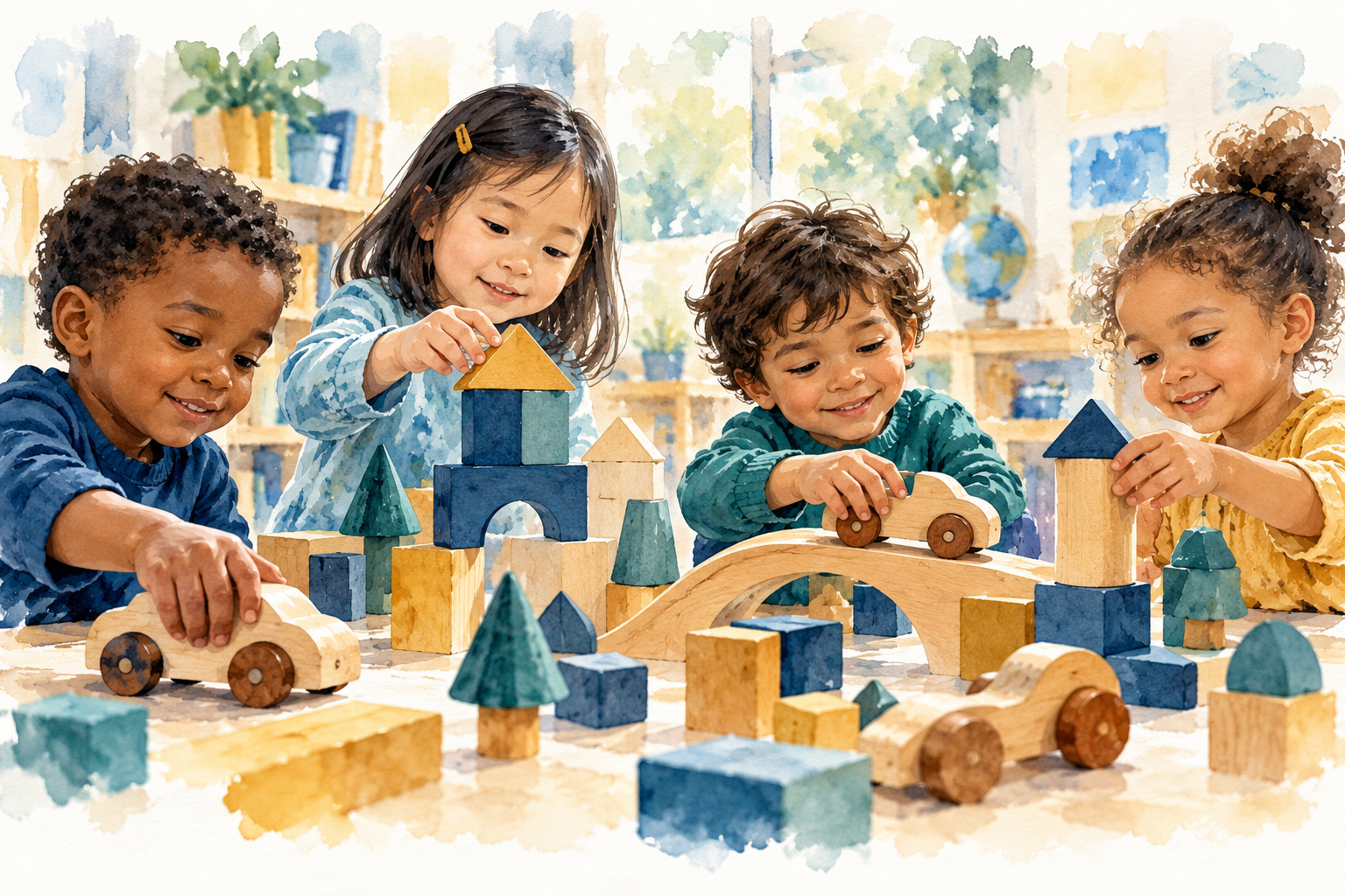 Children learning with handcrafted wooden toys in New Jersey